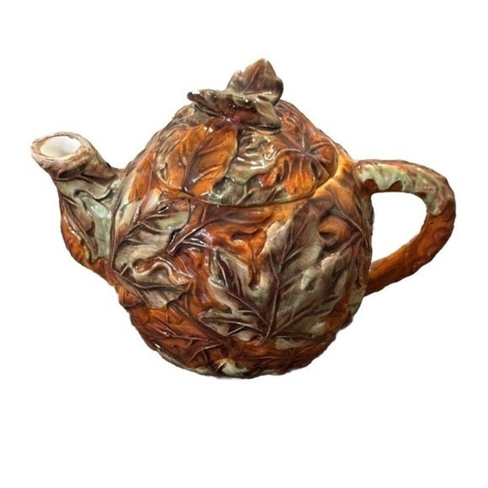 Rare Ceramic Teapot With Lid Embossed Leaves Stunning Autumn Style